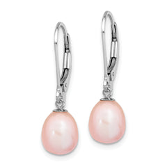 Sterling Silver Rhodium-plated Polished Pink 7-8mm Freshwater Cultured Pearl Leverback Dangle Earrings