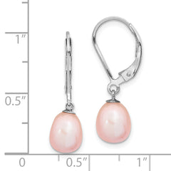 Sterling Silver Rhodium-plated Polished Pink 7-8mm Freshwater Cultured Pearl Leverback Dangle Earrings