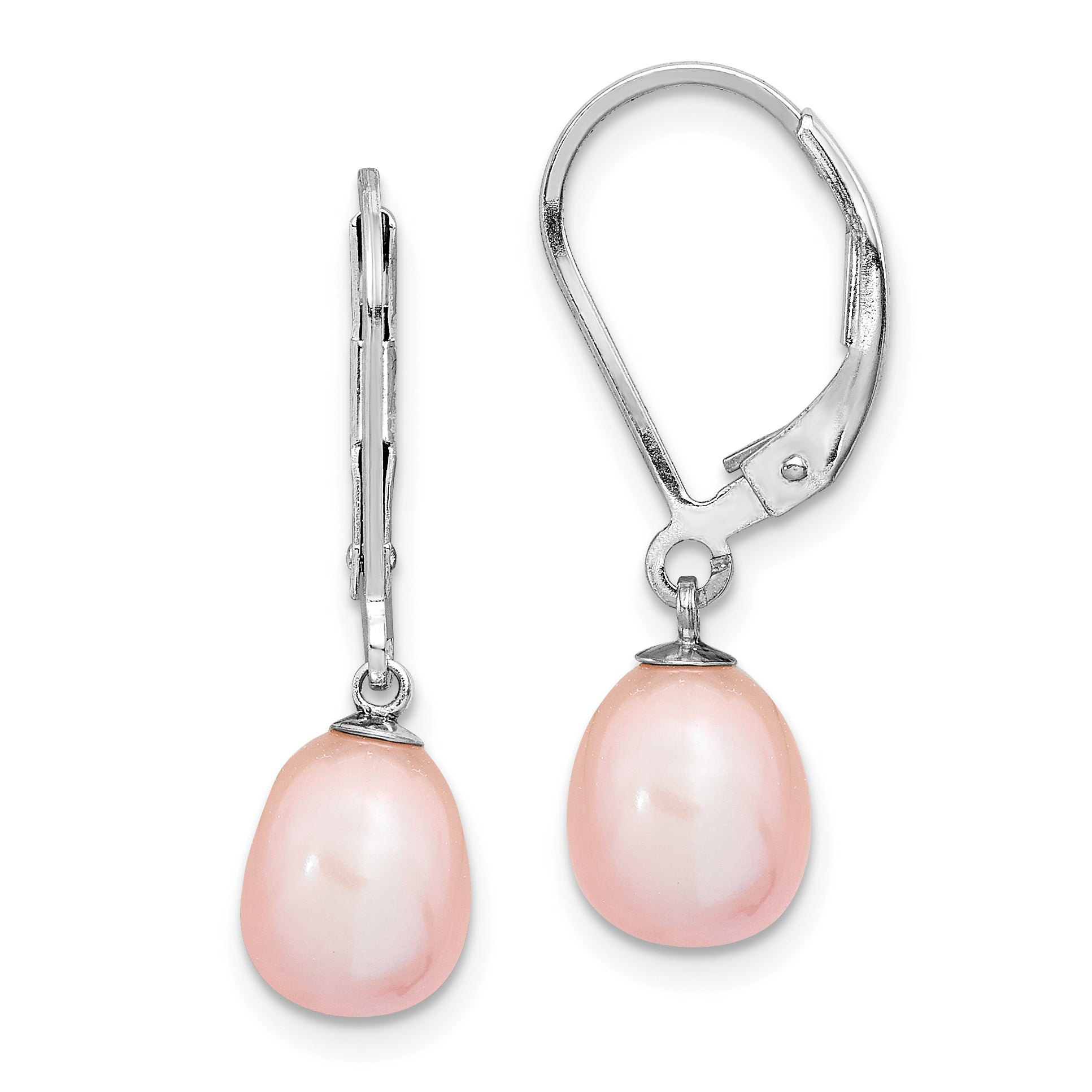 Sterling Silver Rhodium-plated Polished Pink 7-8mm Freshwater Cultured Pearl Leverback Dangle Earrings