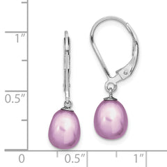 Sterling Silver Rhodium-plated Polished Purple 7-8mm Freshwater Cultured Pearl Leverback Dangle Earrings