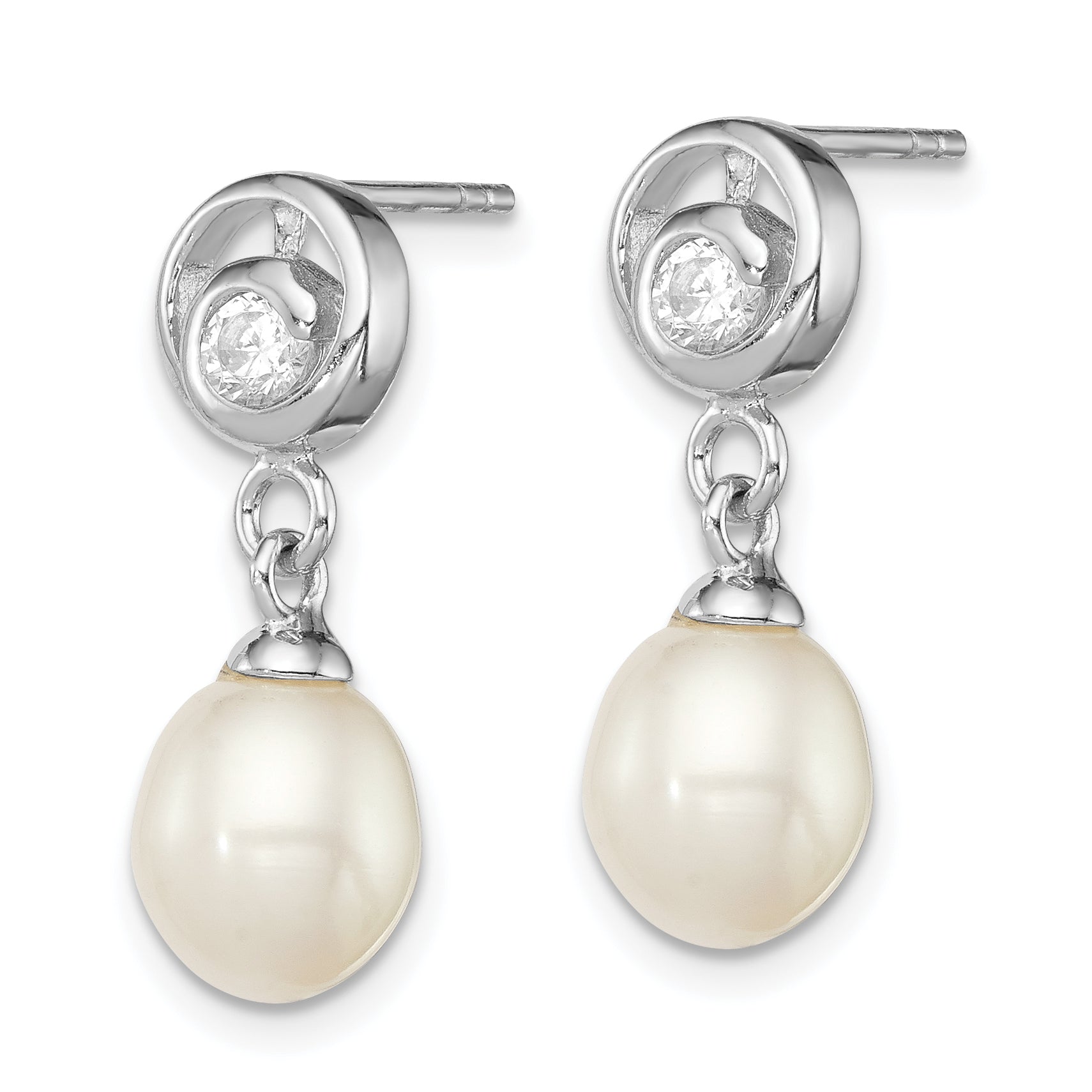 Sterling Silver Rhodium Plated Clear CZ and 7-8mm White Freshwater Cultured Pearl Dangle Post Earrings