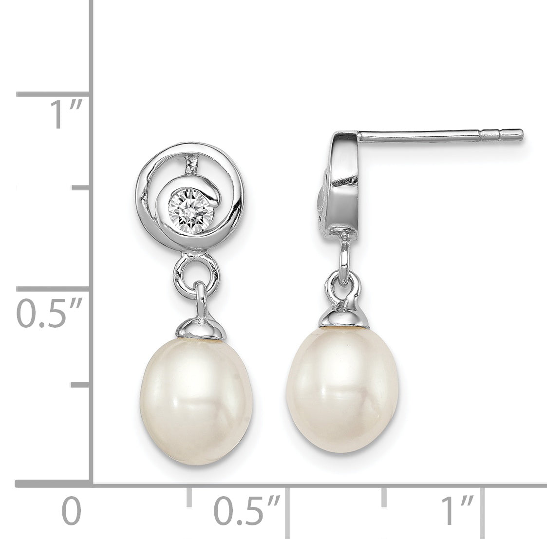 Sterling Silver Rhodium Plated Clear CZ and 7-8mm White Freshwater Cultured Pearl Dangle Post Earrings