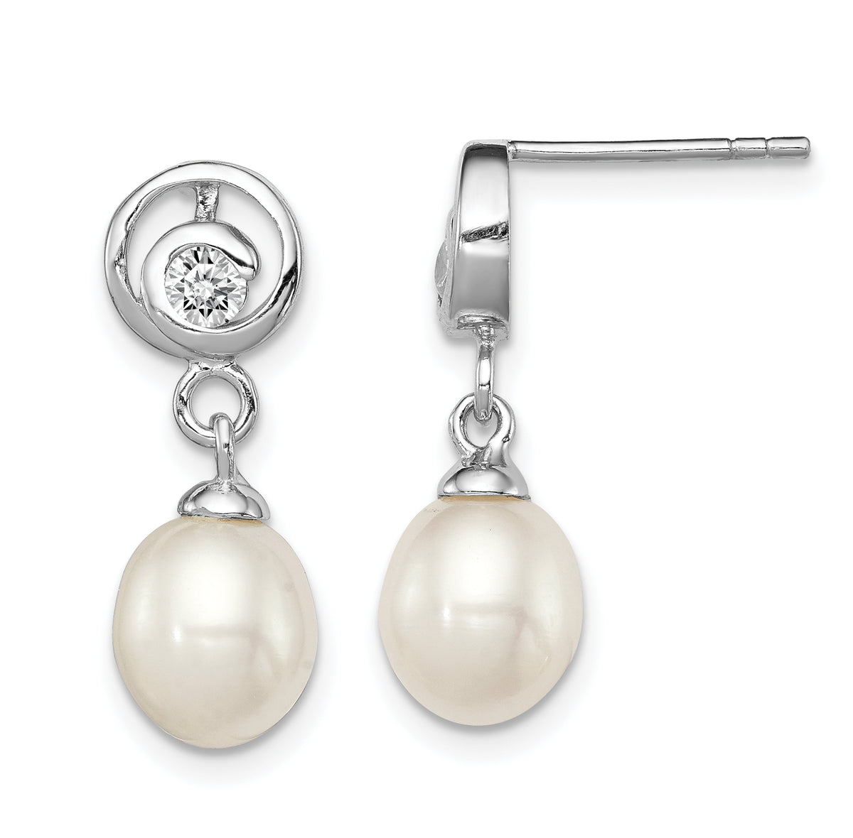 Sterling Silver Rhodium Plated Clear CZ and 7-8mm White Freshwater Cultured Pearl Dangle Post Earrings