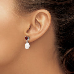 Sterling Silver Rhodium Plated Garnet and 7-8mm Freshwater Cultured Pearl Teardrop Dangle Post Earrings