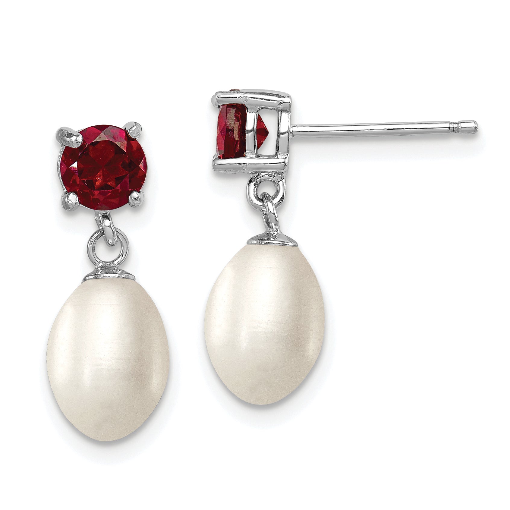 Sterling Silver Rhodium Plated Garnet and 7-8mm Freshwater Cultured Pearl Teardrop Dangle Post Earrings