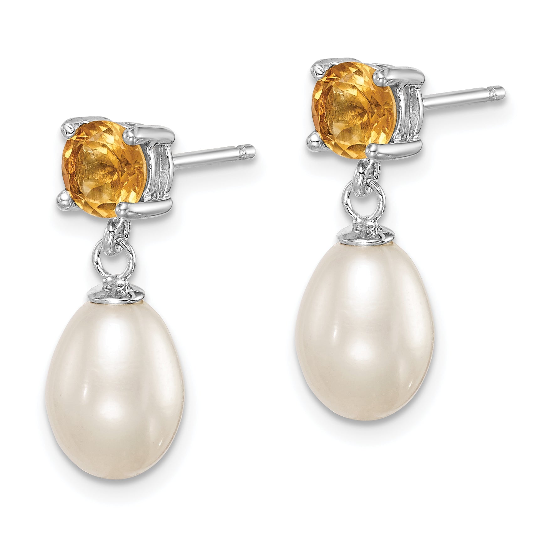 Sterling Silver Rhodium Plated Citrine and 7-8mm Freshwater Cultured Pearl Teardrop Dangle Post Earrings