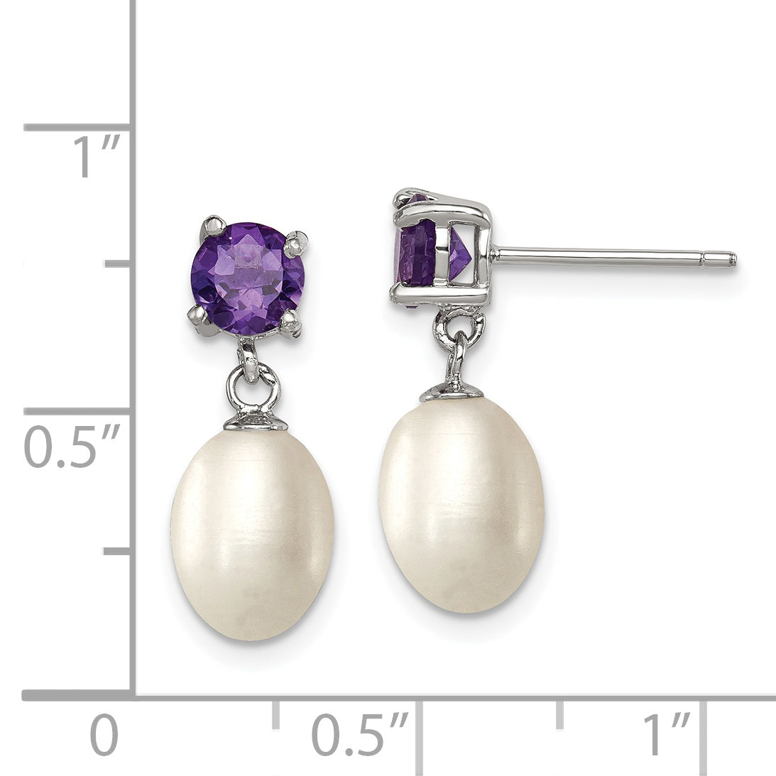 Sterling Silver Rhodium Plated Amethyst and 7-8mm Freshwater Cultured Pearl Teardrop Dangle Post Earrings