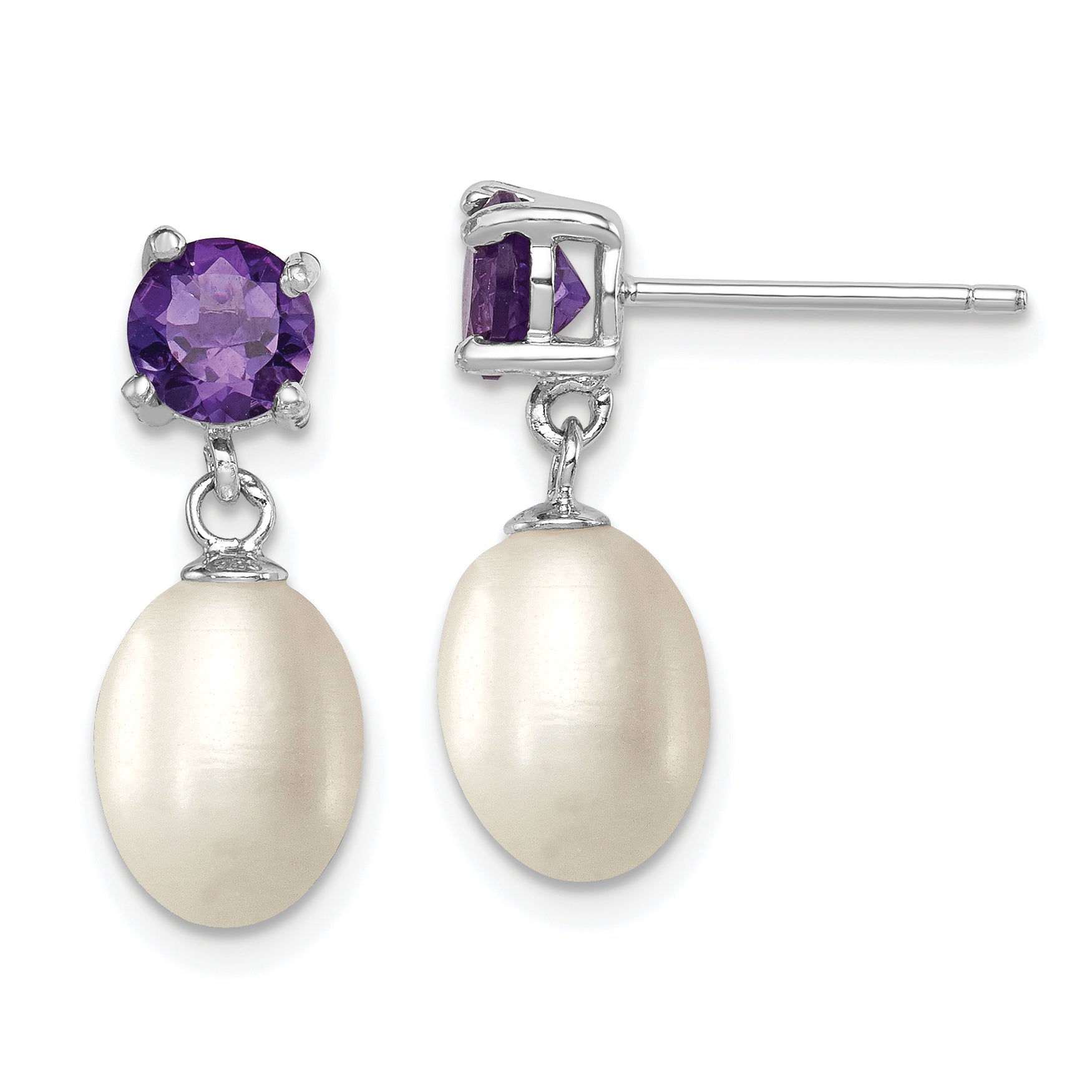 Sterling Silver Rhodium Plated Amethyst and 7-8mm Freshwater Cultured Pearl Teardrop Dangle Post Earrings