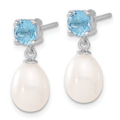 Sterling Silver Rhodium Plated Blue Topaz and 7-8mm Freshwater Cultured Pearl Teardrop Dangle Post Earrings