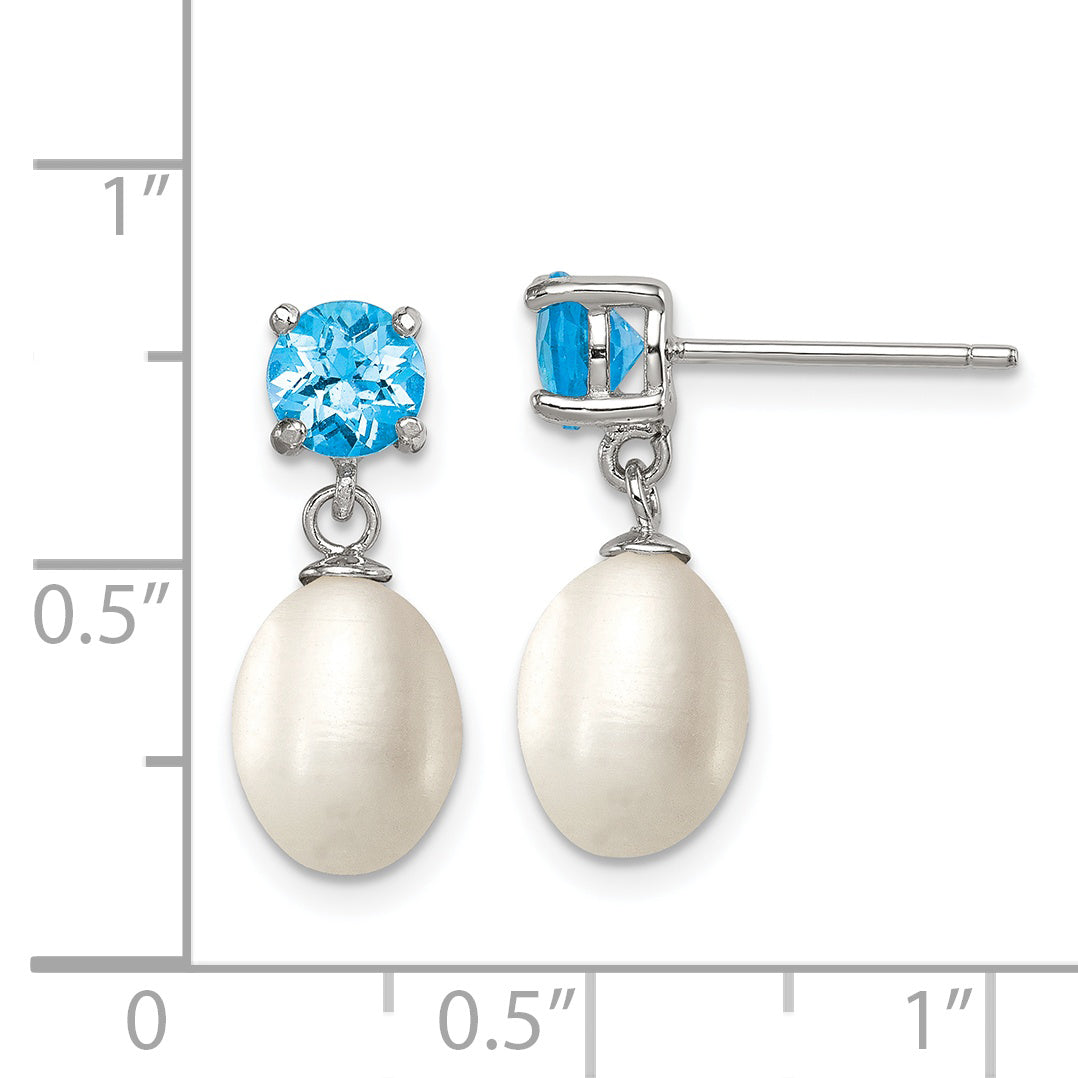 Sterling Silver Rhodium Plated Blue Topaz and 7-8mm Freshwater Cultured Pearl Teardrop Dangle Post Earrings