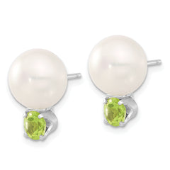 Sterling Silver Rhod-pltd 10-11mm FWC Button Pearl Peridot Earrings