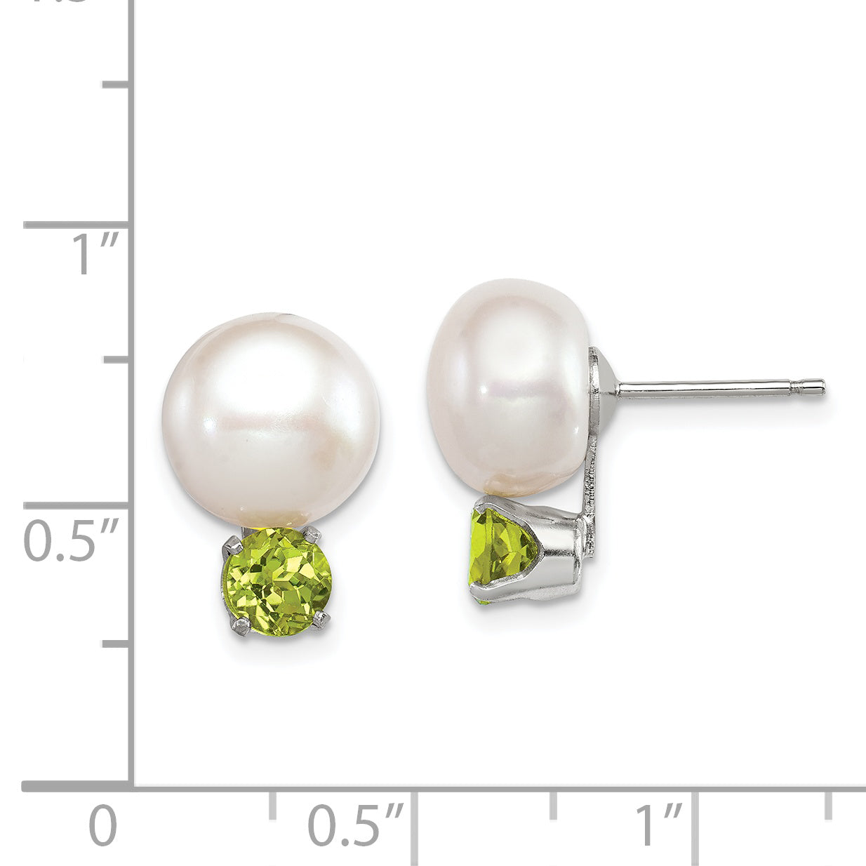 Sterling Silver Rhod-pltd 10-11mm FWC Button Pearl Peridot Earrings