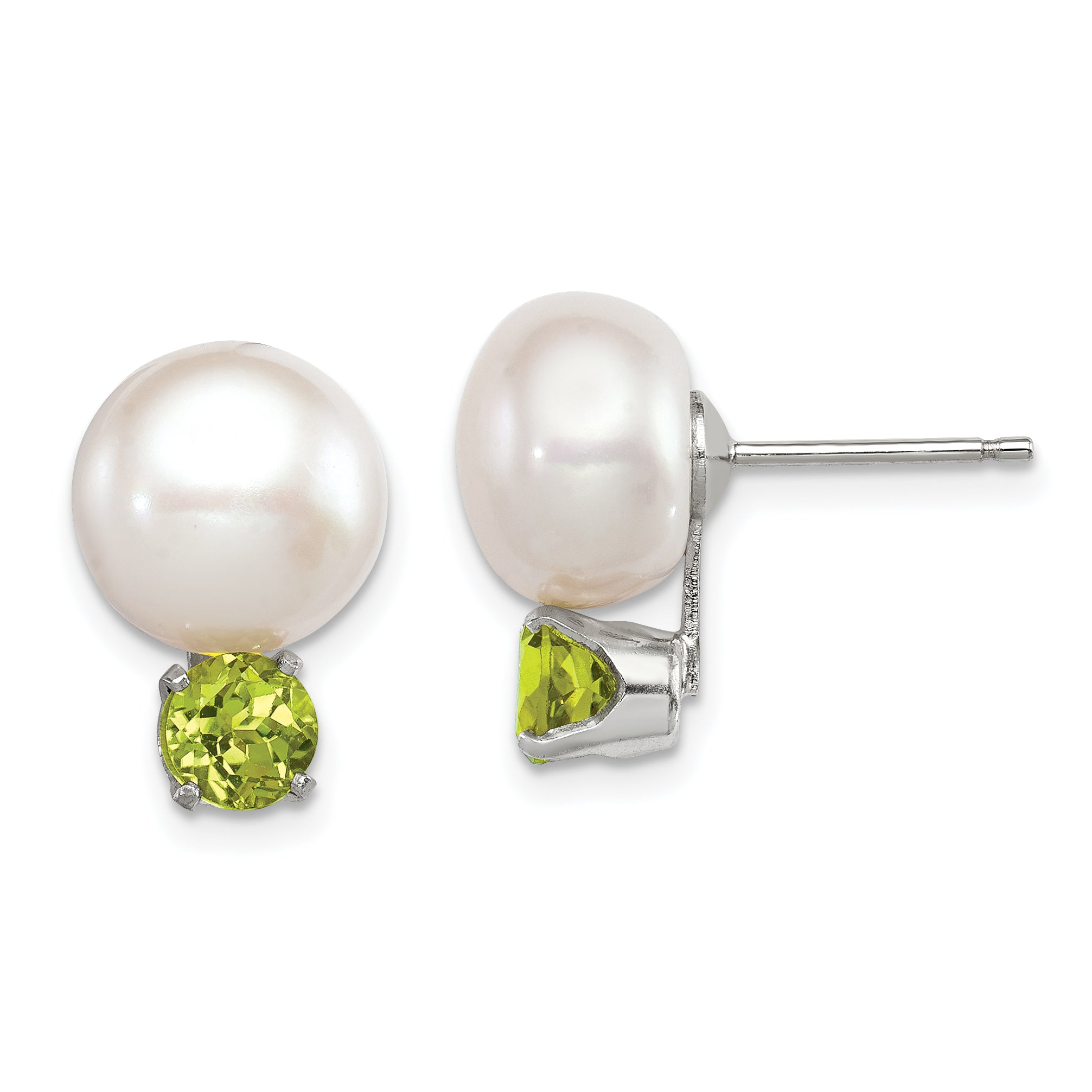 Sterling Silver Rhod-pltd 10-11mm FWC Button Pearl Peridot Earrings