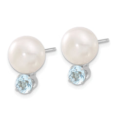 Sterling Silver Rhod-pltd 10-11mm FWC Button Pearl Blue Topaz Earrings