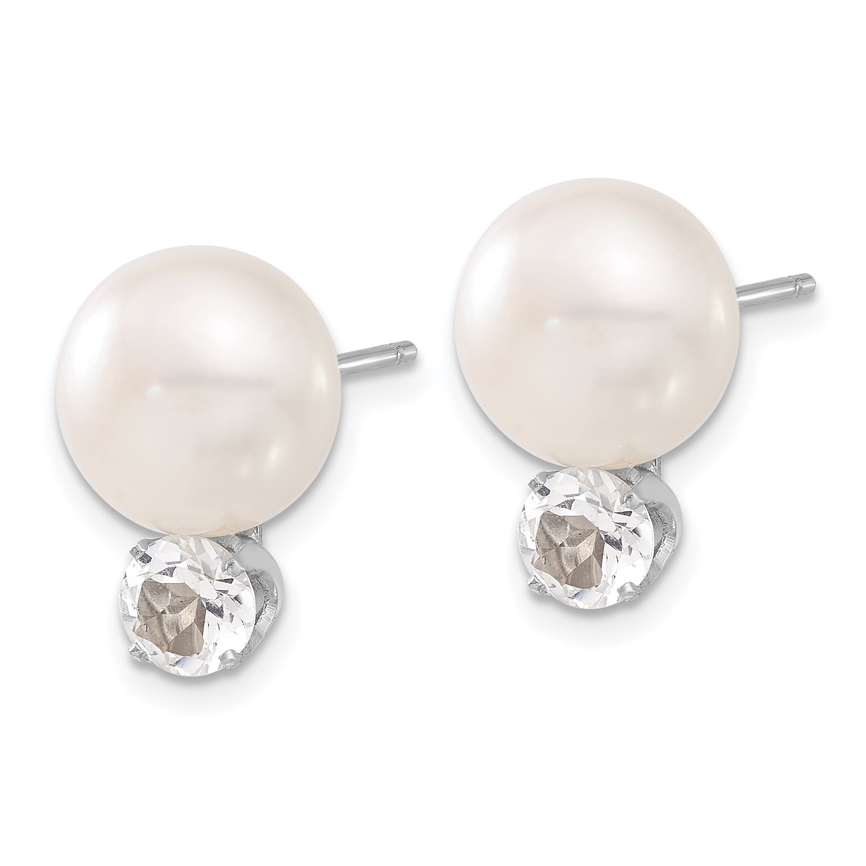 Sterling Silver RH-pltd 10-11mm FWC Button Pearl White Topaz Earrings