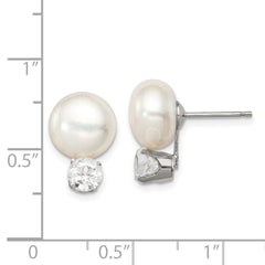 Sterling Silver RH-pltd 10-11mm FWC Button Pearl White Topaz Earrings