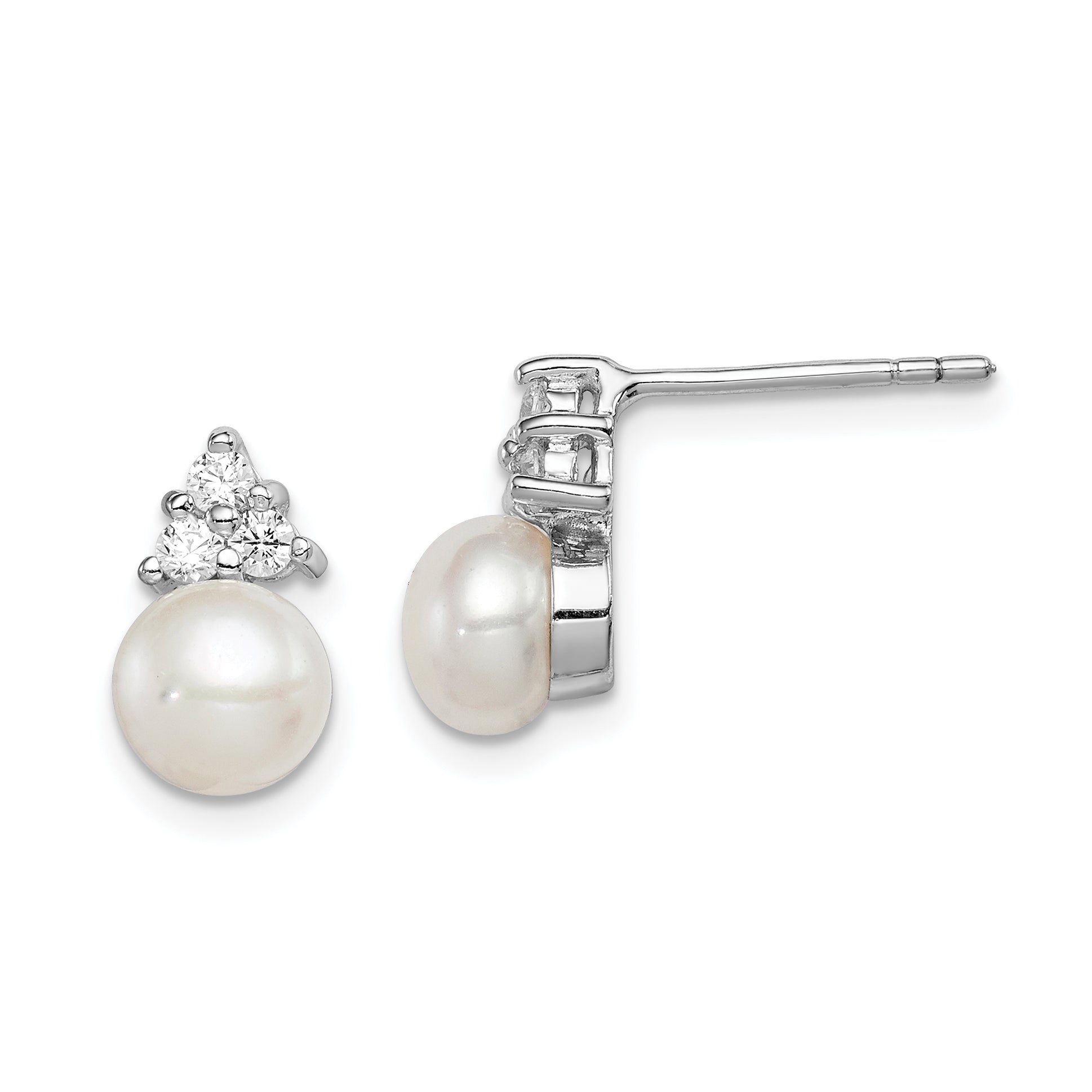 Sterling Silver Rhodium-plated 6-7mm White FWC Pearl CZ Post Earrings