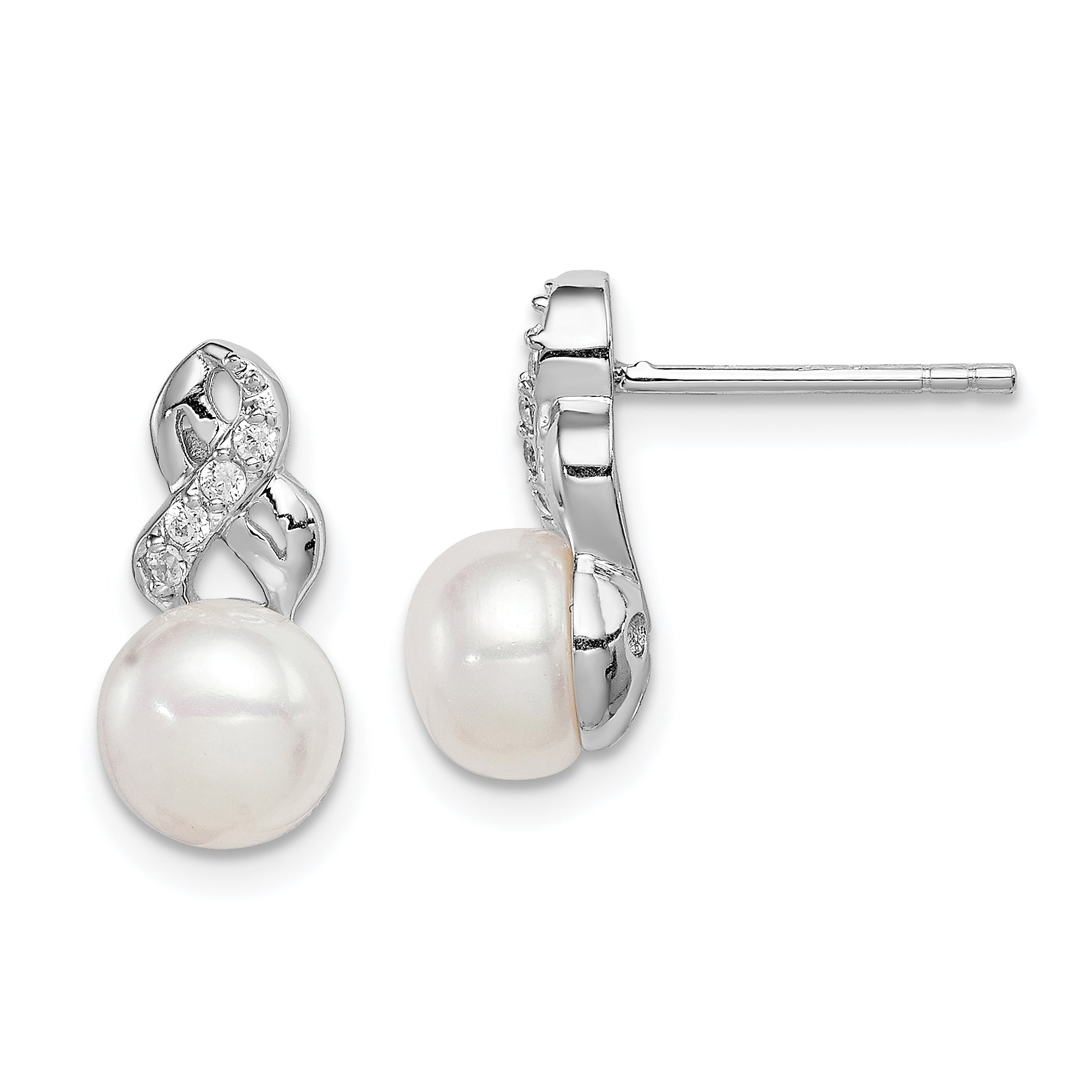 Sterling Silver Rhodium-plated 6-7mm White FWC Pearl CZ Post Earrings