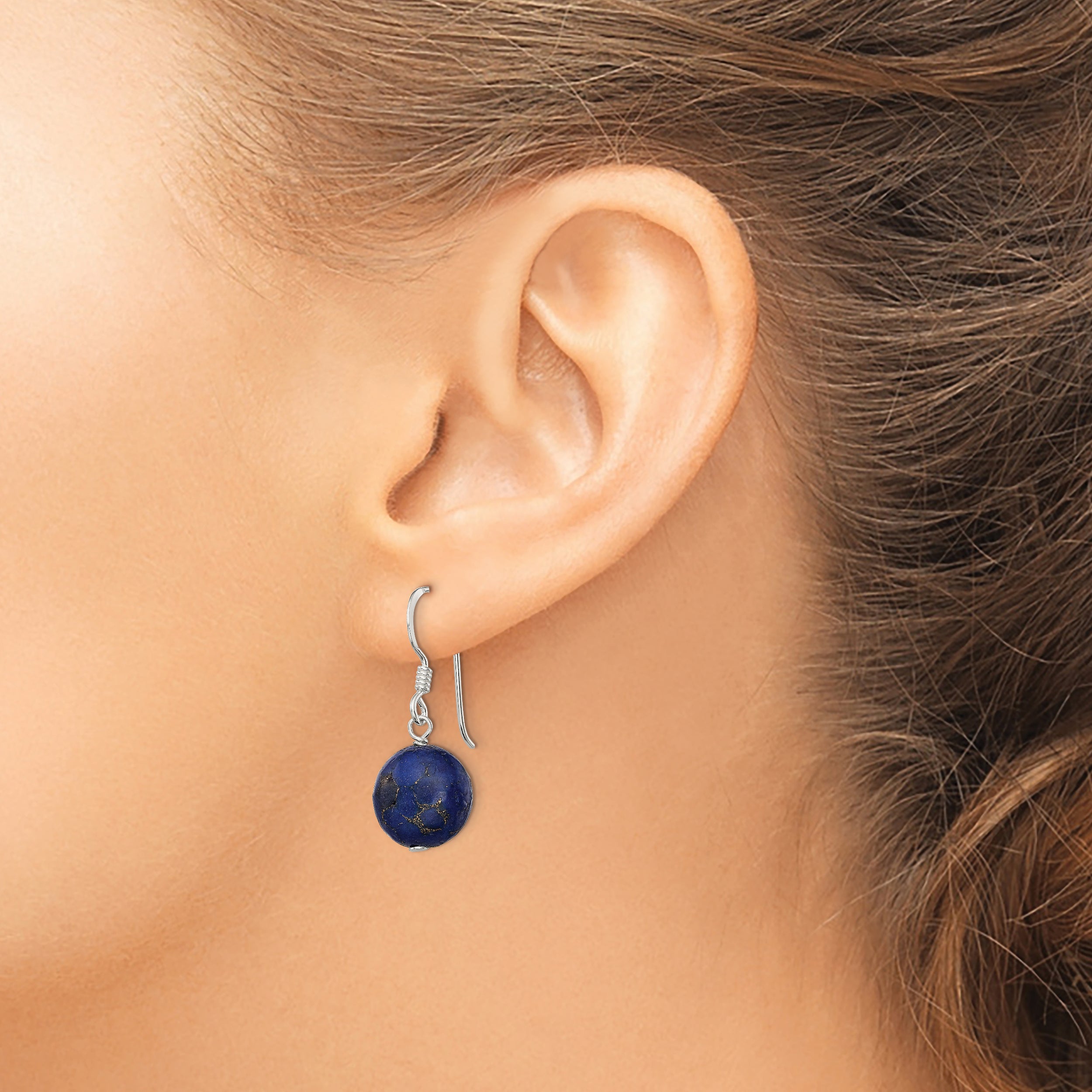 Sterling Silver Polished Round Reconstructed Lapis Dangle Earrings