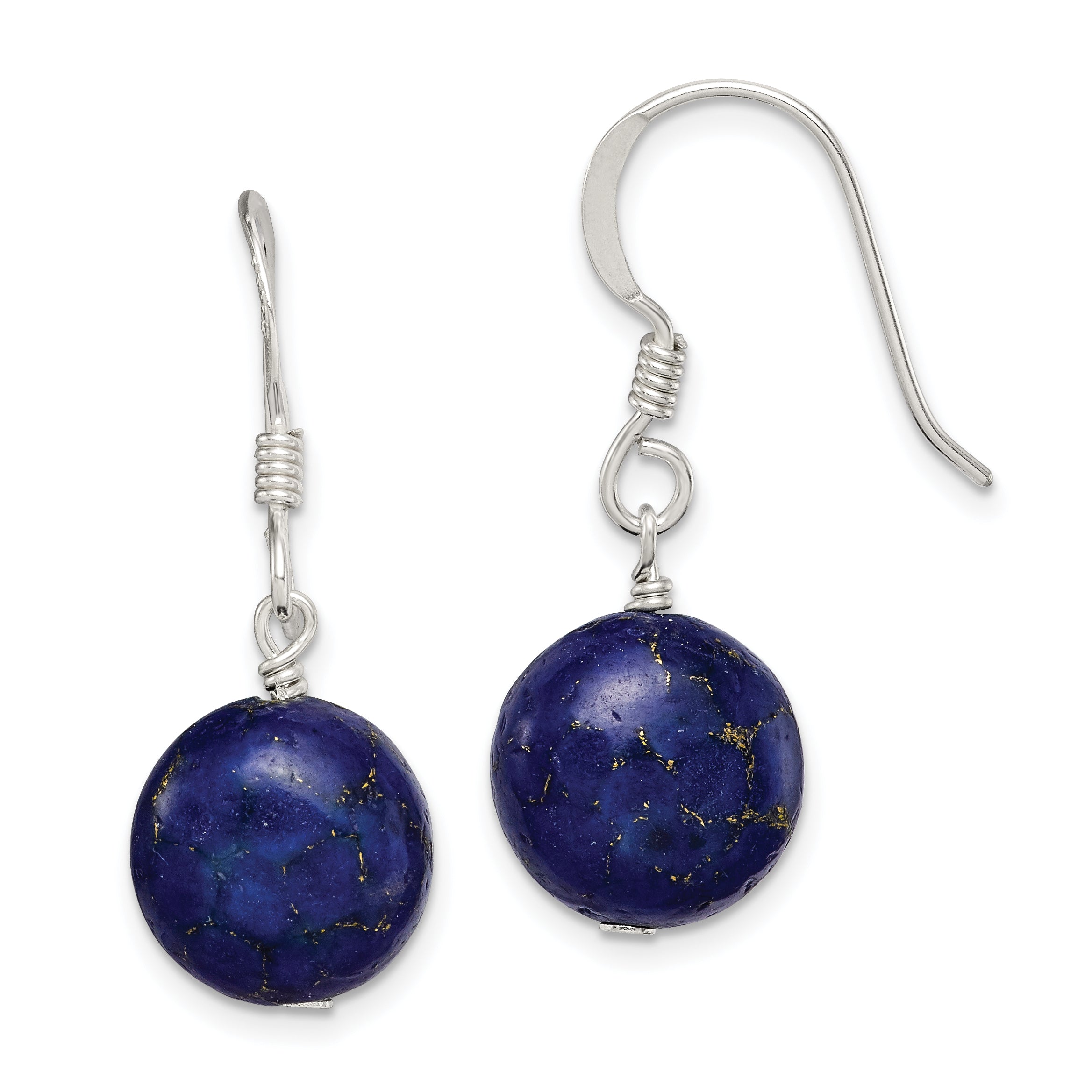 Sterling Silver Polished Round Reconstructed Lapis Dangle Earrings