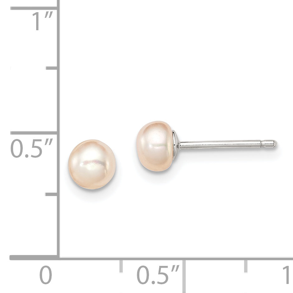 Sterling Silver Rhodium-plated Polished 4-5mm Pink Button Freshwater Cultured Pearl Children's Post Earrings