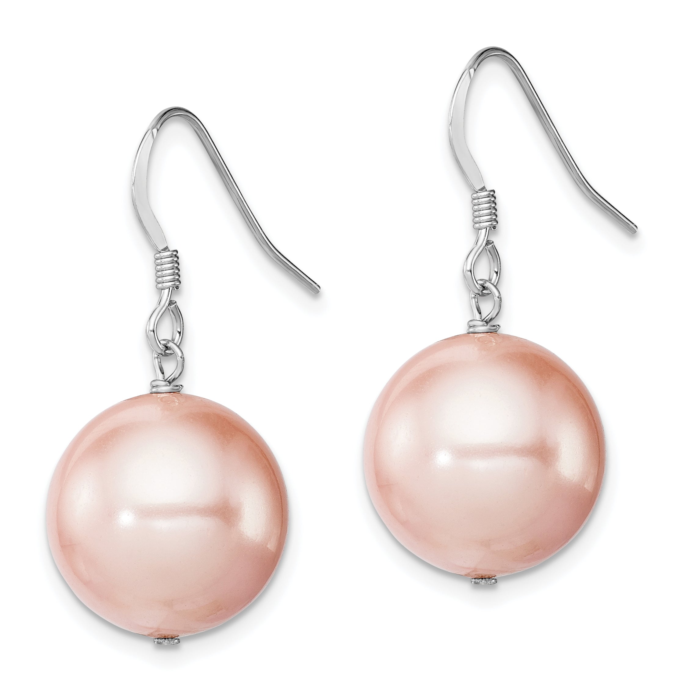 Sterling Silver Rhodium-plated Polished Pink 14-15mm Round Shell Pearl Dangle Earrings