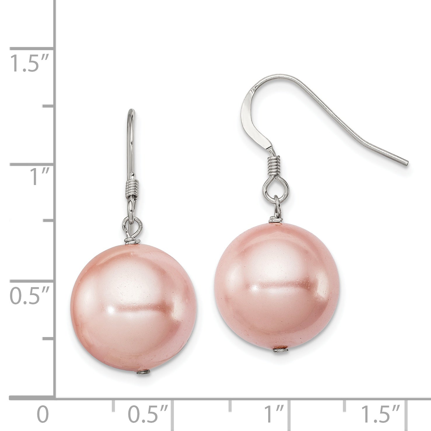 Sterling Silver Rhodium-plated Polished Pink 14-15mm Round Shell Pearl Dangle Earrings