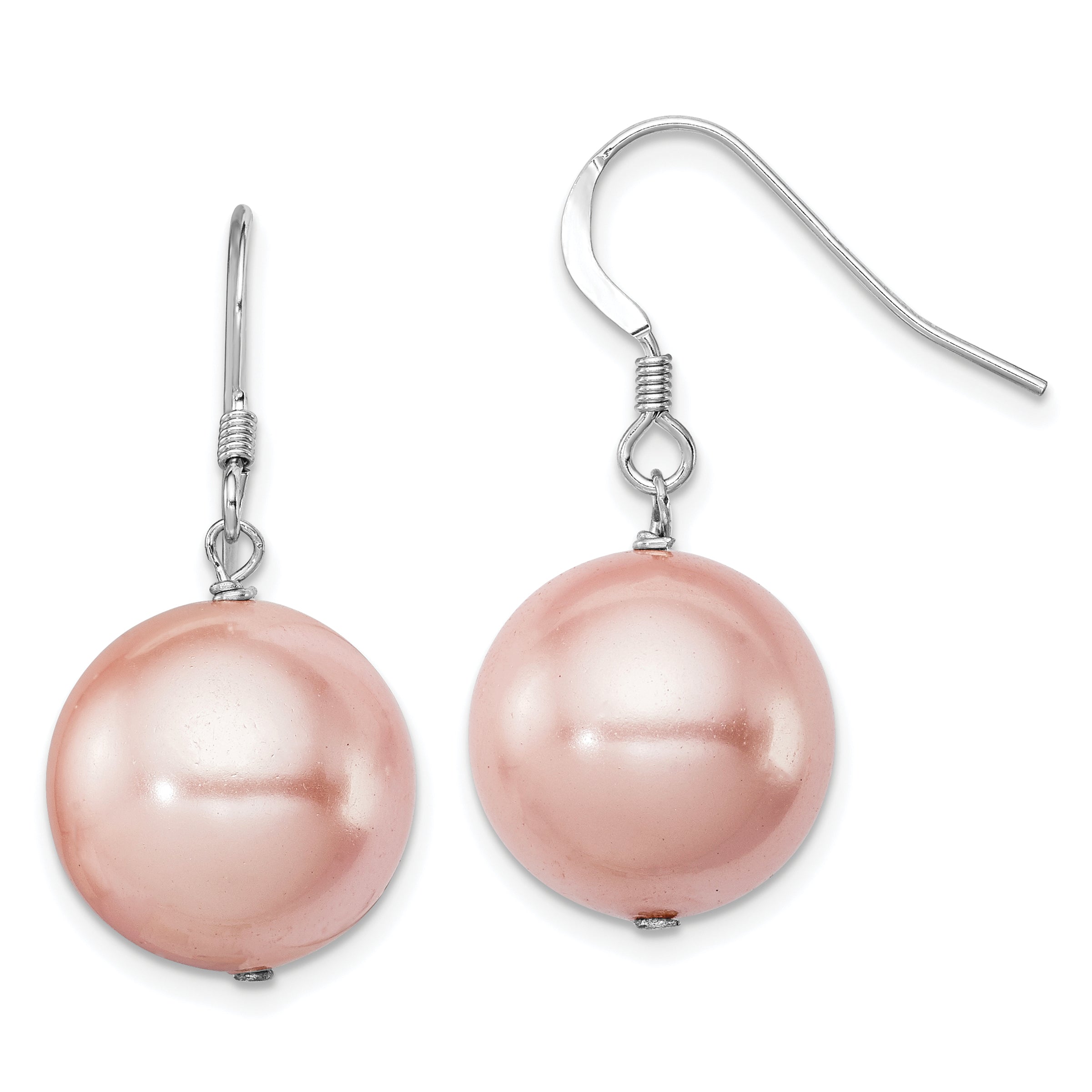 Sterling Silver Rhodium-plated Polished Pink 14-15mm Round Shell Pearl Dangle Earrings