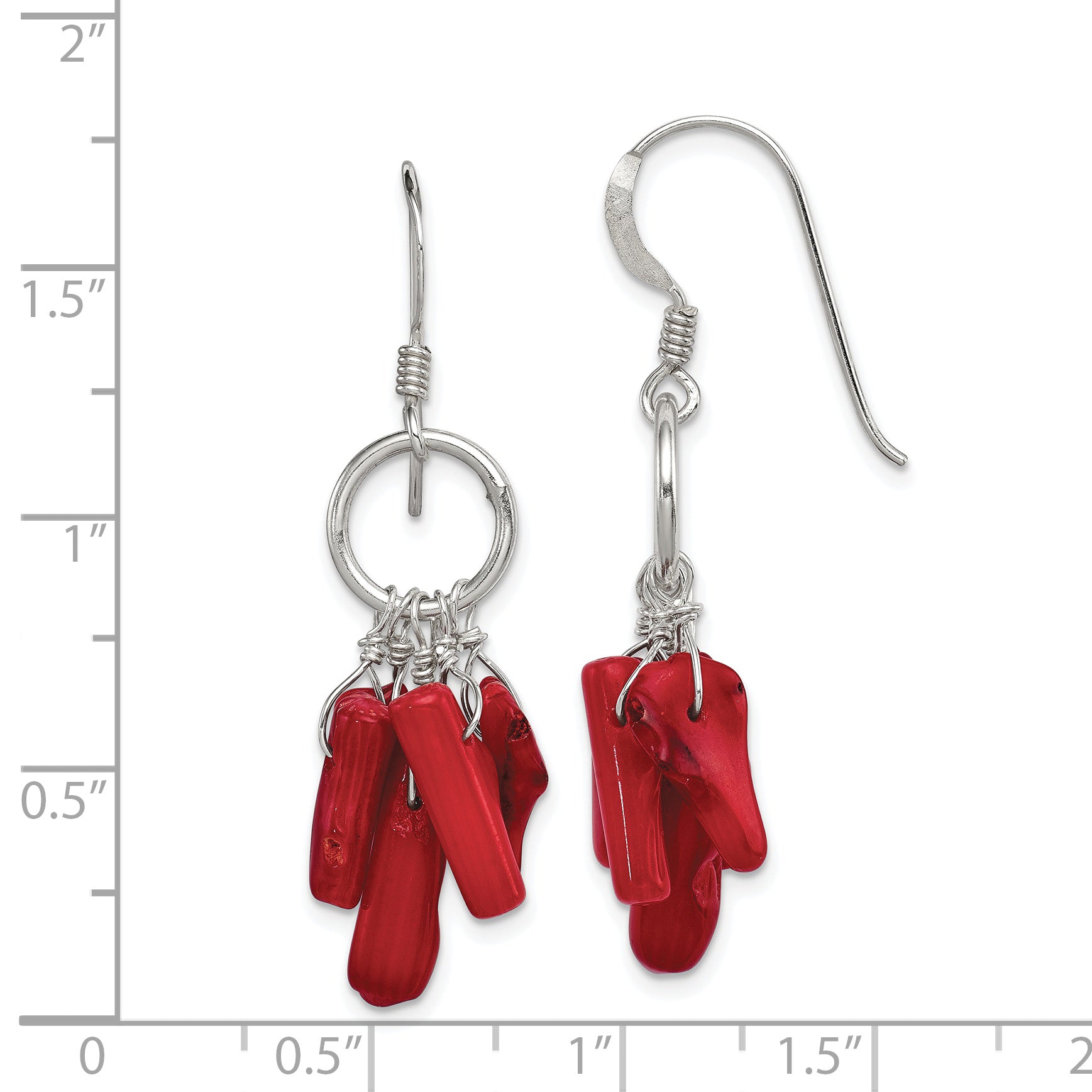 Sterling Silver Polished Red Coral & Circle Dangle Earrings