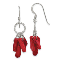 Sterling Silver Polished Red Coral & Circle Dangle Earrings