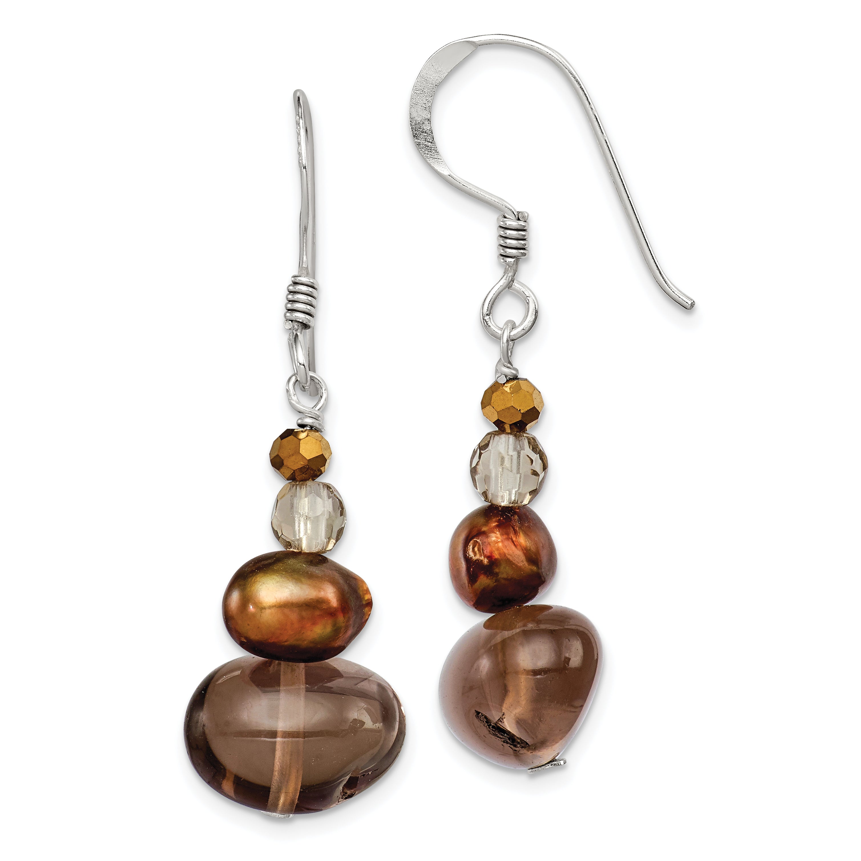 Sterling Silver Polished FWC Pearl, Crystal & Smoky Quartz Dangle Earrings