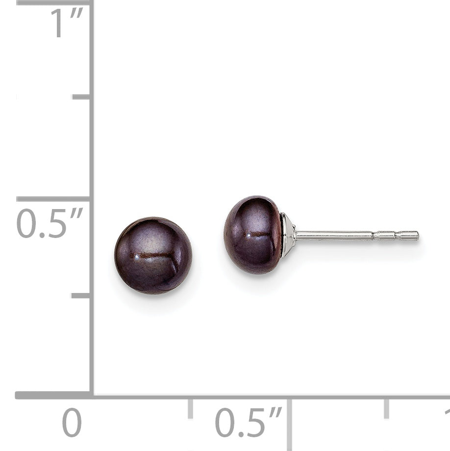 Sterling Silver Rh-plated 5-6mm Black FW Cultured Button Pearl Stud Earring