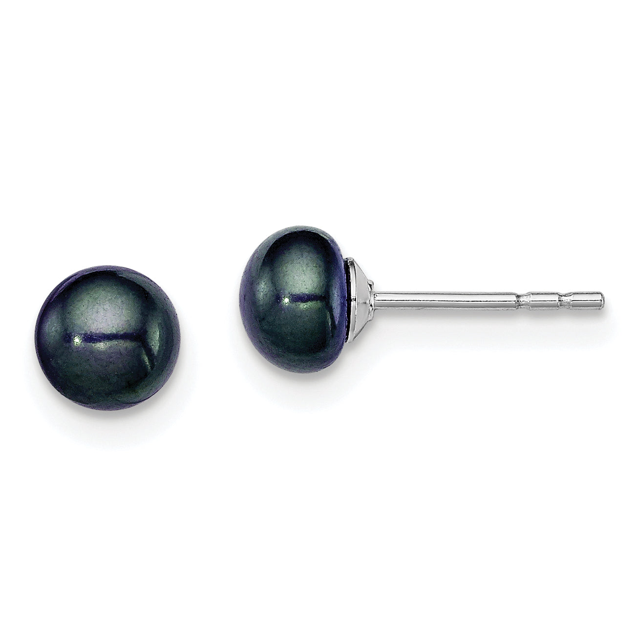 Sterling Silver Rh-plated 5-6mm Black FW Cultured Button Pearl Stud Earring