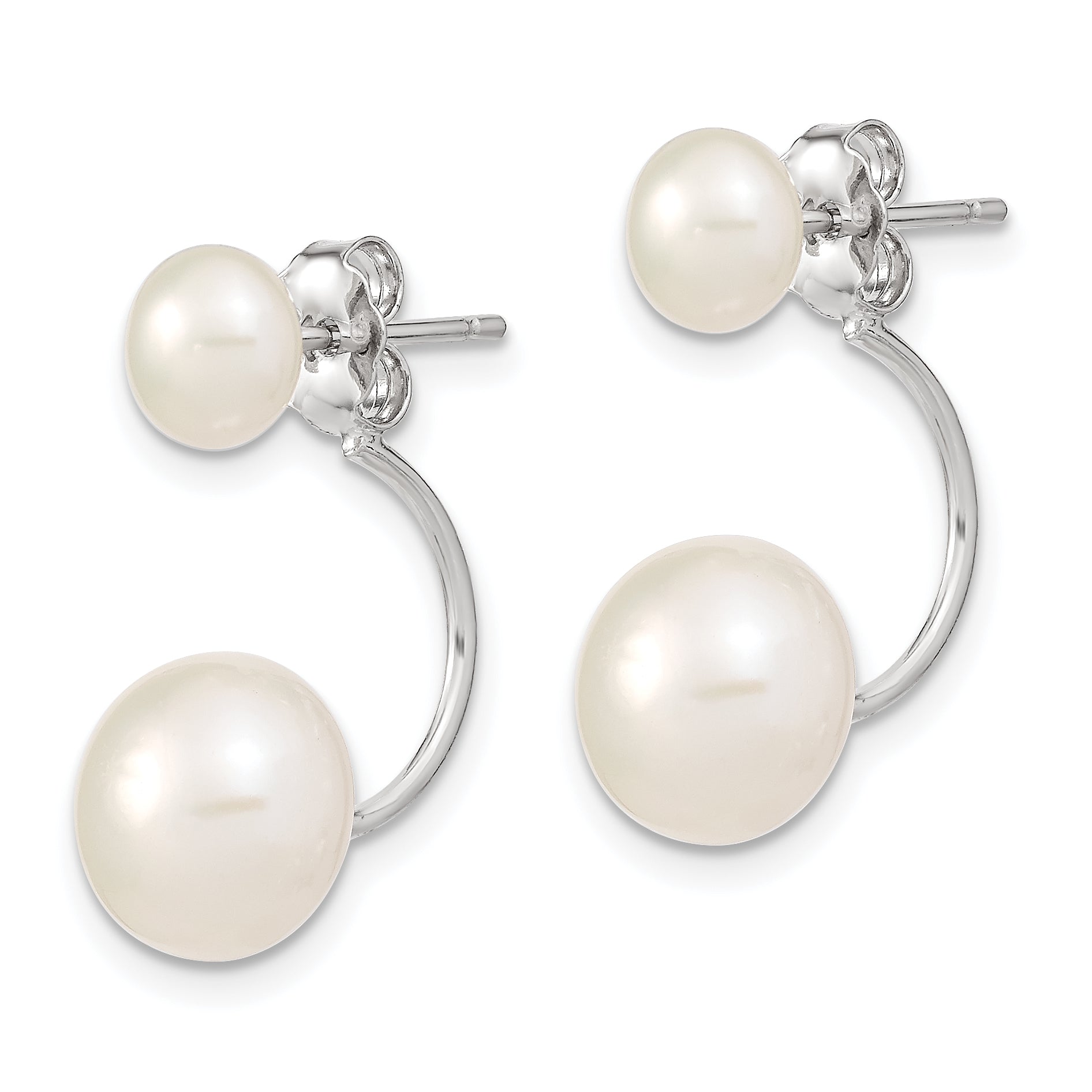 Sterling Silver Rhodium-plated Polished 5-6mm & 8-9mm White Freshwater Cultured Pearl Front & Back Post Dangle Earrings