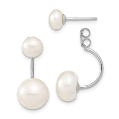 Sterling Silver Rhodium-plated Polished 5-6mm & 8-9mm White Freshwater Cultured Pearl Front & Back Post Dangle Earrings