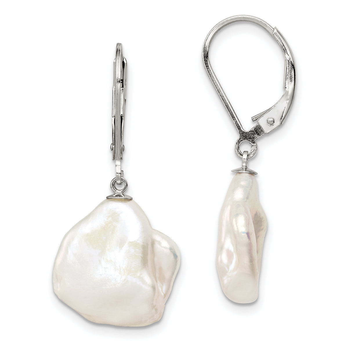 Sterling Silver Rhodium-plated Polished White 13-15mm Keshi Freshwater Cultured Pearl Leverback Dangle Earrings