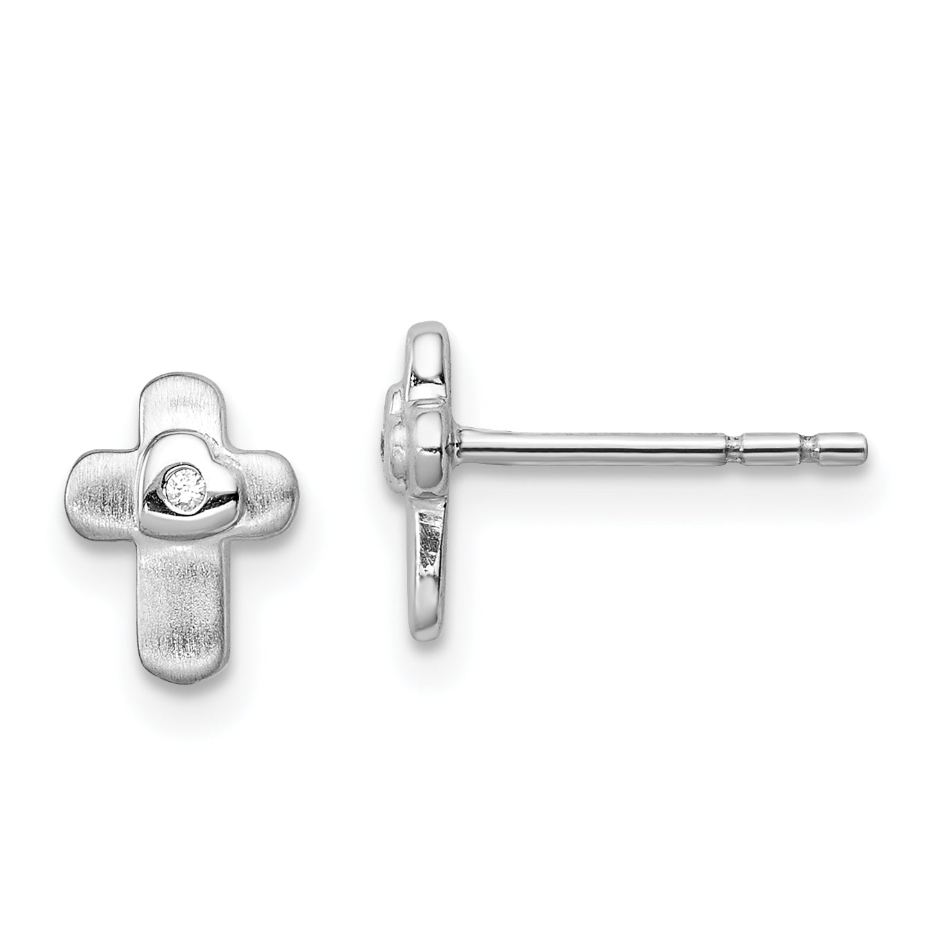 Sterling Silver Rhodium-plated Polished CZ Cross Children's Post Earrings