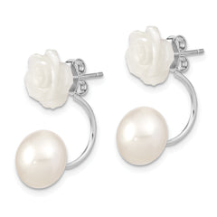 Sterling Silver Rhodium-plated 8-9mm Freshwater Cultured Pearl & Mother of Pearl Flower Front & Back Post Dangle Earrings