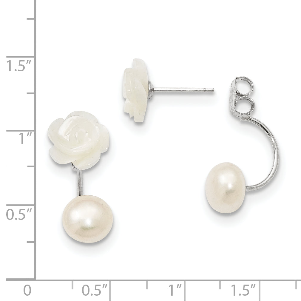 Sterling Silver Rhodium-plated 8-9mm Freshwater Cultured Pearl & Mother of Pearl Flower Front & Back Post Dangle Earrings