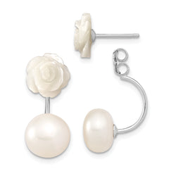 Sterling Silver Rhodium-plated 8-9mm Freshwater Cultured Pearl & Mother of Pearl Flower Front & Back Post Dangle Earrings