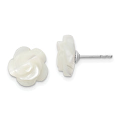 Sterling Silver Rh-plated 10mm White Mother of Pearl Flower Earrings