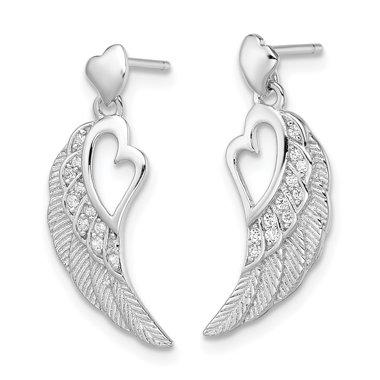 Sterling Silver Rhodium-plated Polished & Textured CZ Open Heart Wings Post Dangle Earrings