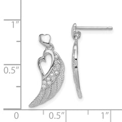 Sterling Silver Rhodium-plated Polished & Textured CZ Open Heart Wings Post Dangle Earrings