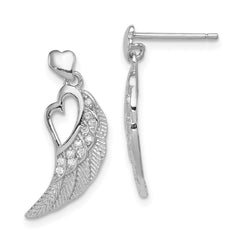 Sterling Silver Rhodium-plated Polished & Textured CZ Open Heart Wings Post Dangle Earrings