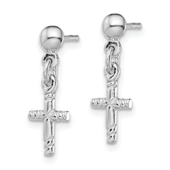 Sterling Silver Rhodium-plated Polished Cross Post Dangle Earrings