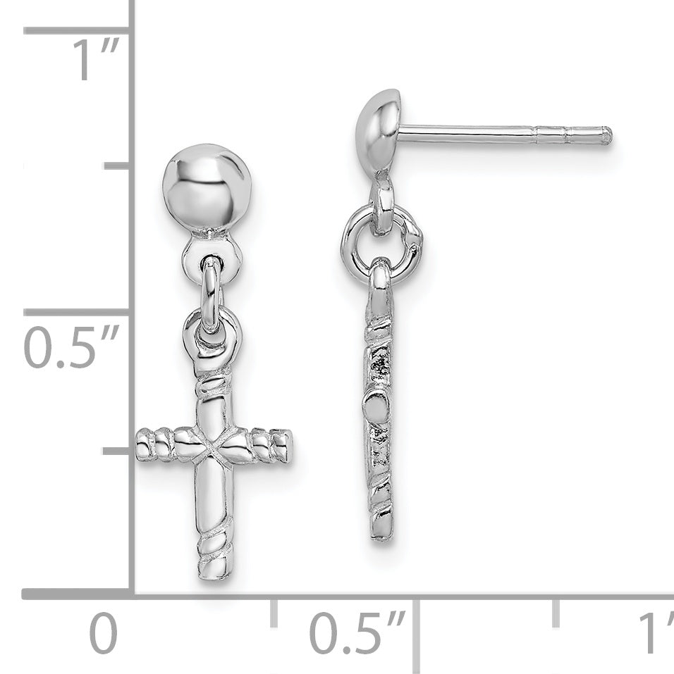 Sterling Silver Rhodium-plated Polished Cross Post Dangle Earrings