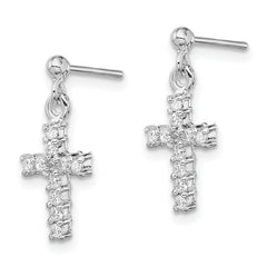 Sterling Silver Rhodium-plated Polished CZ Cross Post Dangle Earrings