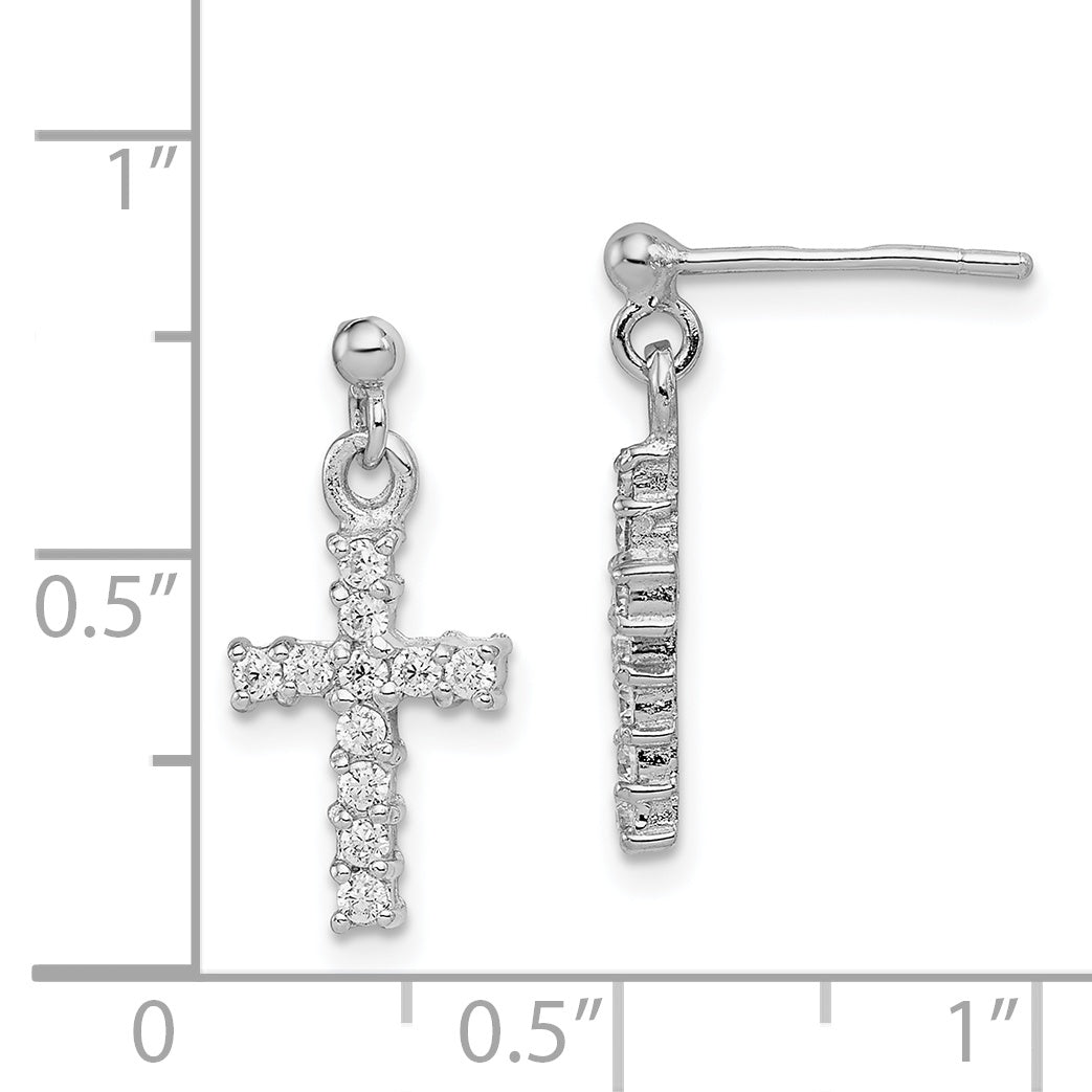 Sterling Silver Rhodium-plated Polished CZ Cross Post Dangle Earrings