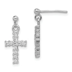 Sterling Silver Rhodium-plated Polished CZ Cross Post Dangle Earrings