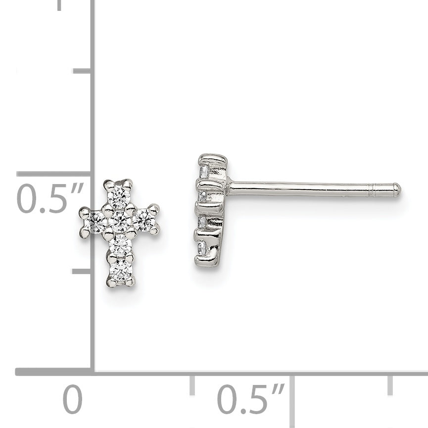 Sterling Silver Rhodium-plated Polished CZ Cross Post Earrings